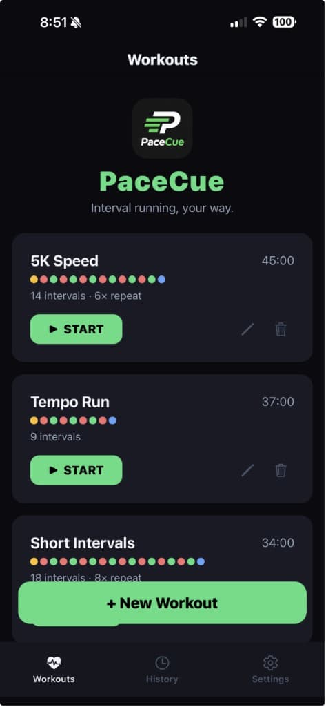 PaceCue workouts list showing 5K Speed, Tempo Run, and Short Intervals