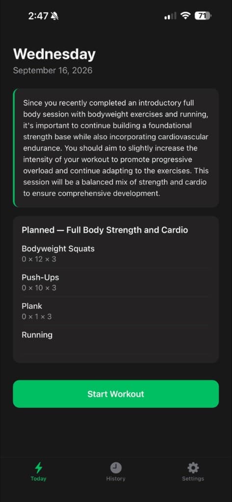 Setpoint AI today view showing an AI-planned Full Body Strength and Cardio workout