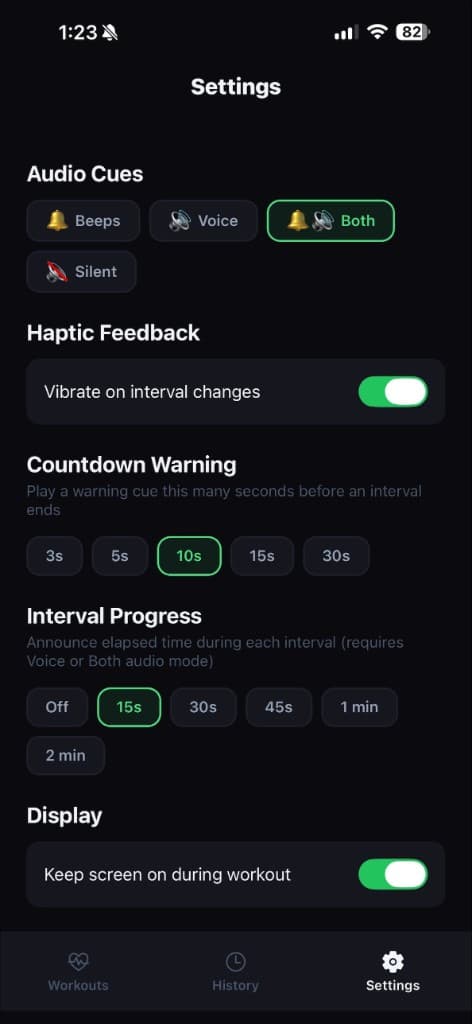 PaceCue settings for audio cues, haptic feedback, countdown warnings, and display