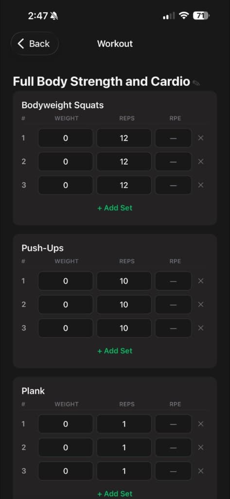 Setpoint AI workout logging with sets, reps, weight, and RPE for each exercise